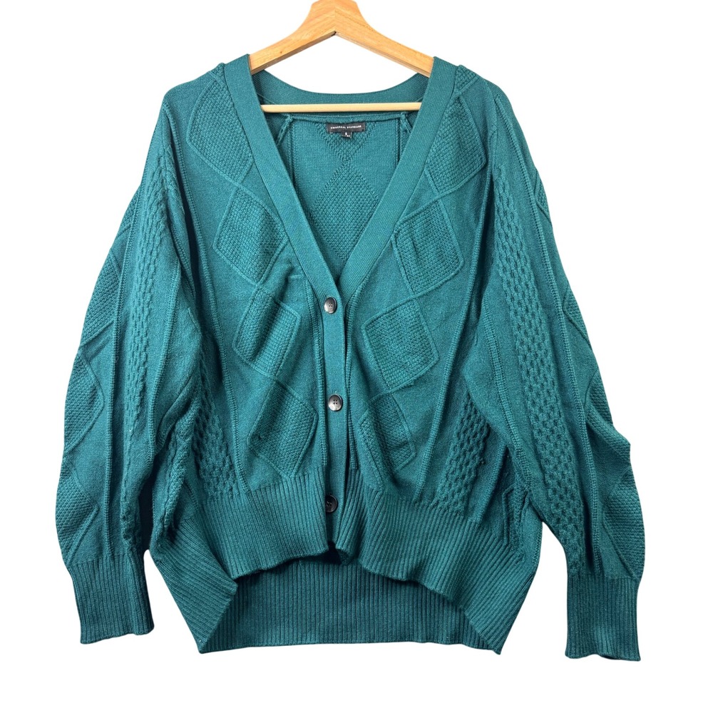 Universal Standard Teal Green Textured Cable Knit Cardigan Sweater S 14-16
